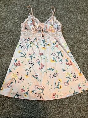Mentionables Pink Floral Lace Trim Satin Slip Dress
